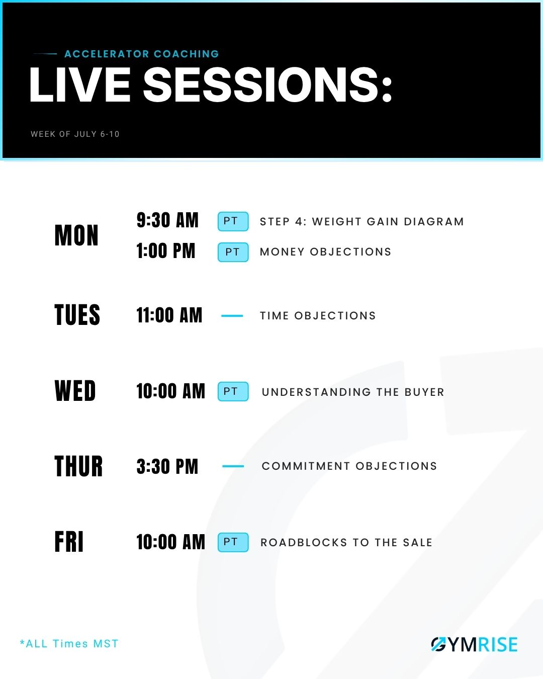 Weekly live-sessions schedule post