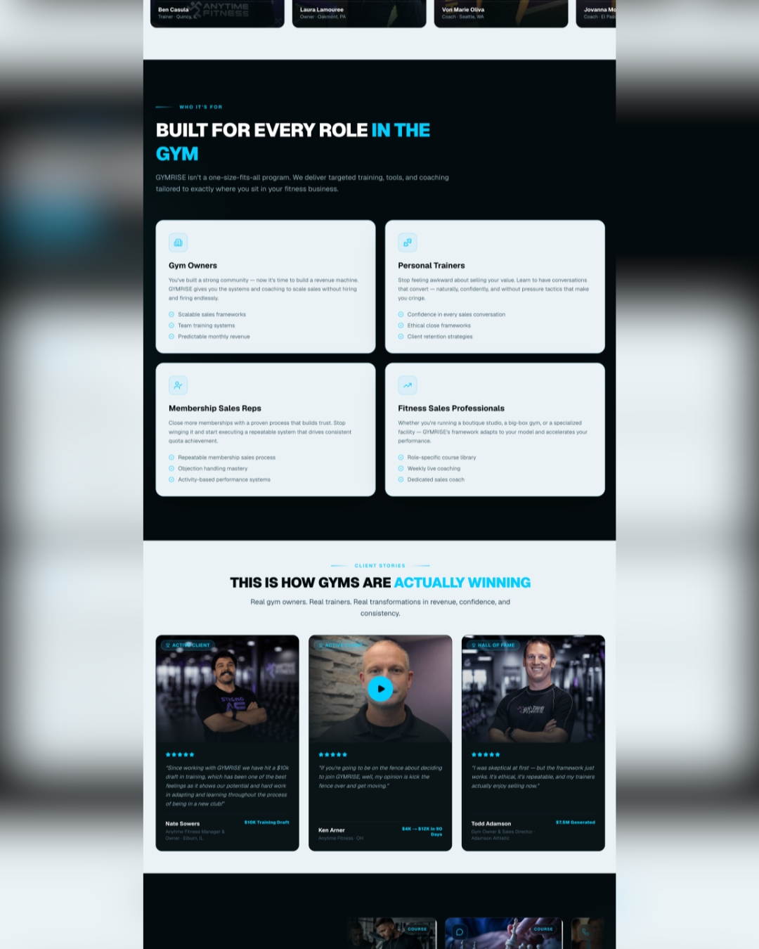 GYMRISE website — system & member testimonials