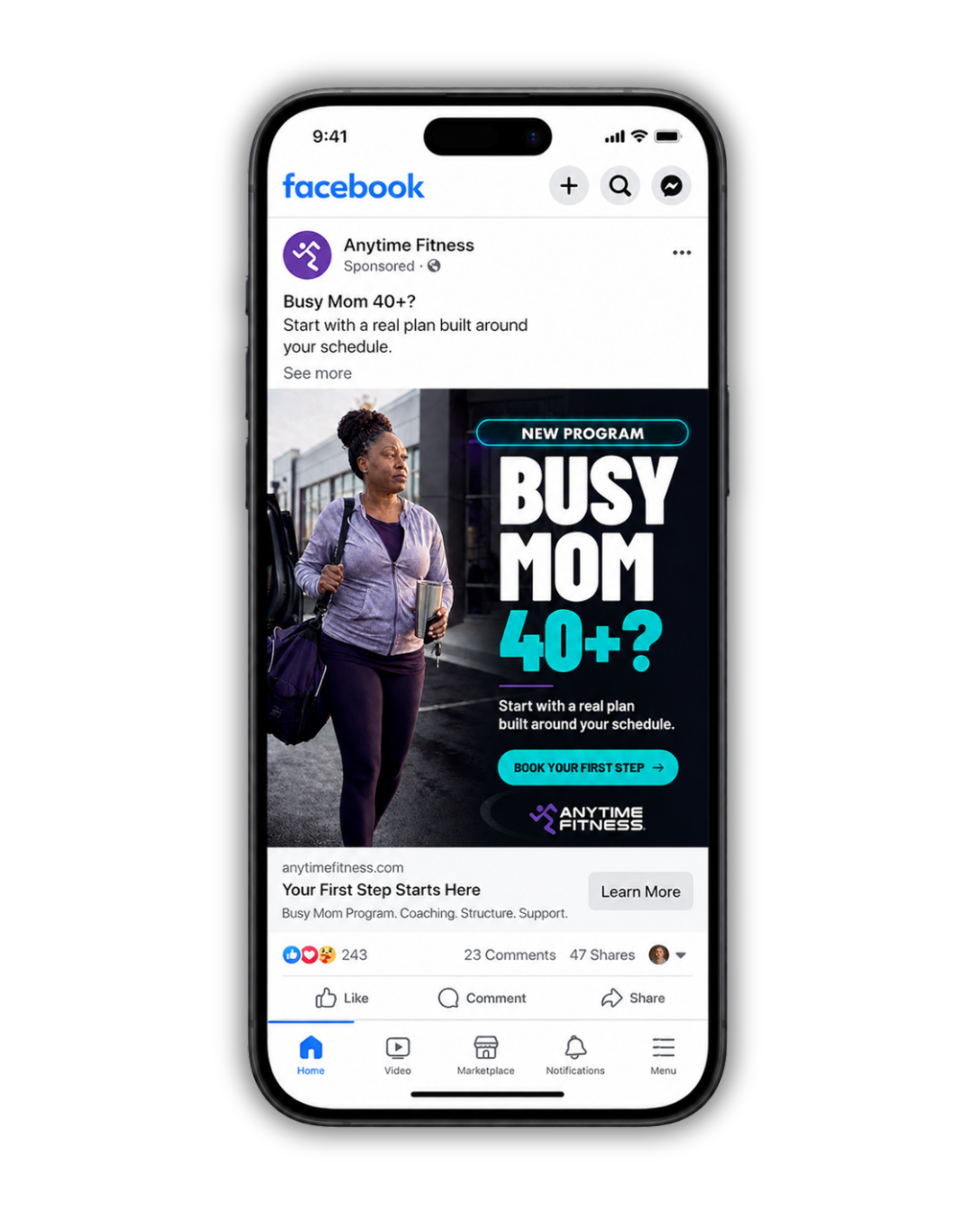 Anytime Fitness Meta ad — Busy Mom 40+ program